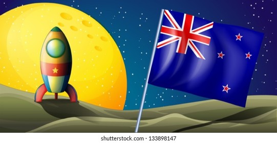 Illustration of the flag of New Zealand near the moon