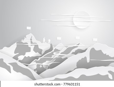 Illustration flag on the highest point of the hilltop demonstrated success despite many obstacles, Collaboration of a team is essential for moving forward.