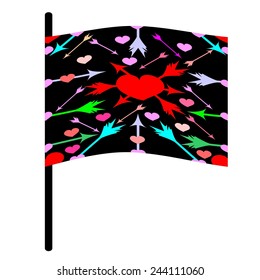 Illustration of flag with a red heart and arrows on a black background