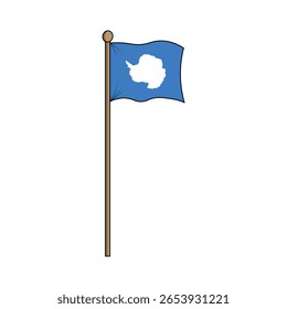 Ilustração da bandeira representando a Antártica, com um campo azul e uma silhueta branca do continente, oferecendo uma representação do espírito da região não reclamada e acordos internacionais.