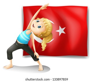 Illustration of the flag of Turkey with a girl exercising on a white background