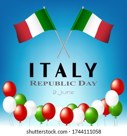 Ilustración de banderas y globos en el fondo del cielo. Concepto del Día de la República Italiana (Festa della Repubblica). Cartel de diseño de plantilla de vacaciones, tarjeta, pancarta, portada. fondo en vector.