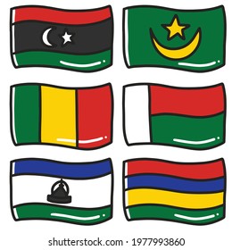illustration of the flags of six world countries hand-drawn doodle art and design element. Illustration of a set of world flags