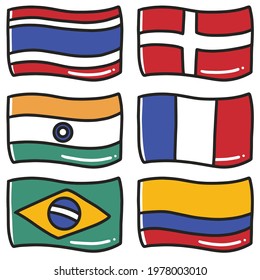 illustration of the flags of six world countries hand-drawn doodle art and design element. Illustration of a set of world flags