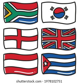 illustration of the flags of six world countries hand-drawn doodle art and design element. Illustration of a set of world flags