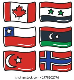 illustration of the flags of six world countries hand-drawn doodle art and design element. Illustration of a set of world flags