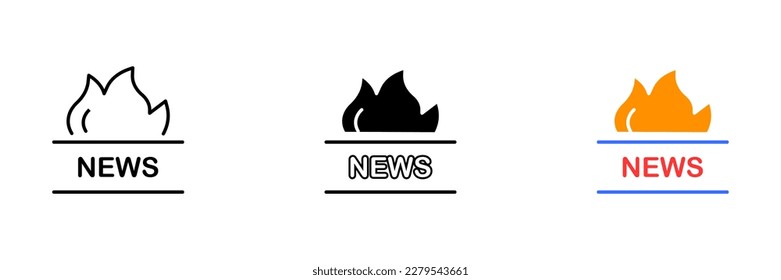 An illustration of flames with the word NEWS overlaid, representing breaking news or urgent information. Vector set of icons in line, black and colorful styles isolated.