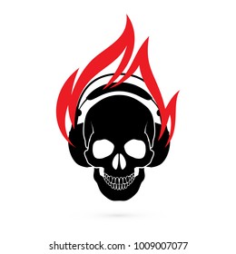 Illustration of Flaming Black Human Skull in Headphones. Graphic Design Concept for Podcast Icon or Recording Studios Emblem