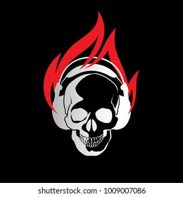 Illustration of Flaming Black Human Skull in Headphones on Black. Graphic Design Concept for Podcast Icon or Recording Studios Emblem