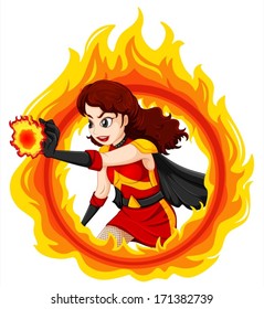 Illustration of a flaming female superhero on a white background