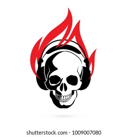 Illustration of Flaming Human Skull in Headphones on White. Graphic Design Concept for Podcast Icon or Recording Studios Emblem