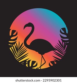 Illustration of a flamingo on a colorful circle on a black background