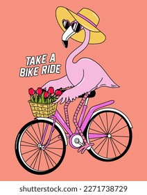 ILLUSTRATION FLAMINGO RIDING A BICYCLE