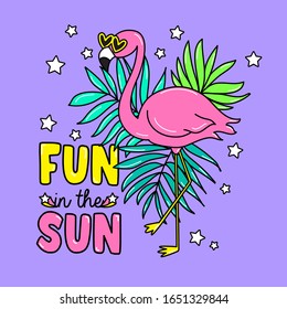 ILLUSTRATION OF A FLAMINGO WITH SUN GLASSES AND STARS, SLOGAN PRINT VECTOR