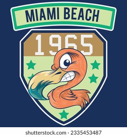 Illustration flamingo surf style with patchwork and text Miami beach since 1965. spring summer