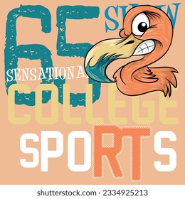 Illustration flamingo with text College sports sensational number 65 college style patchwork, Cool colors, Fashion spring summer design.