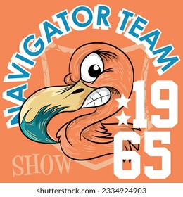 Illustration flamingo with text Navigator team and number 1965 college style patchwork, Cool colors, Fashion spring summer design.