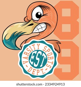 Illustration flamingo with text Varsity sports department. number 89 college style patchwork, Cool colors, Fashion spring summer design.