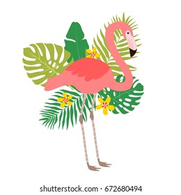 illustration of flamingo with tropical leaves on white background. can be used for cards, invitations, prints