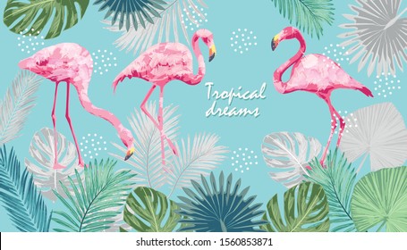 Illustration with flamingos and exotic leaves.Tropical dream