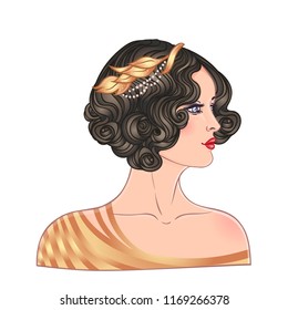 Illustration of flapper girl. Art Deco vintage invitation template design. patterns and frames. Retro party background set (1920's style). Vector for glamour event, thematic wedding or jazz party.