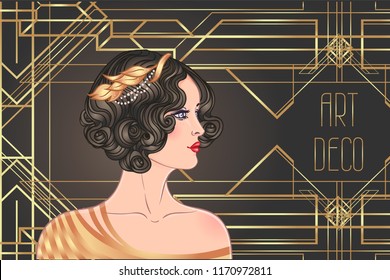 Illustration of flapper girl. Art Deco vintage invitation template design. patterns and frames. Retro party background set (1920's style). Vector for glamour event, thematic wedding or jazz party.