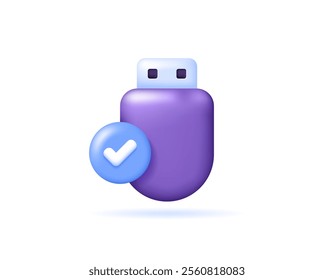 illustration of a flash disk with a check mark. concept of a safe Flashdisk or USB flash drive. safety and security. portable data storage device. icon or symbol. minimalist 3d style design. element