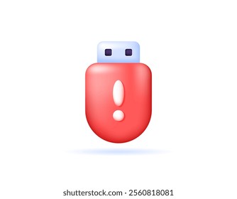 illustration of a flash disk with an exclamation mark. the concept of a dangerous Flashdisk or USB flash drive. safety and security warning. be careful. icon or symbol. minimalist 3d style design