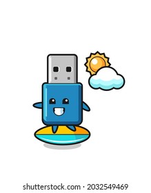 Illustration of flash drive usb cartoon do surfing on the beach , cute style design for t shirt, sticker, logo element