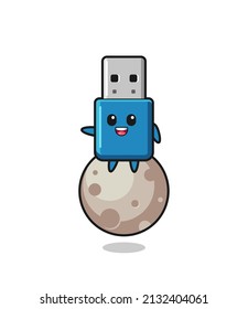 illustration of flash drive usb cartoon sitting on the moon , cute style design for t shirt, sticker, logo element