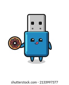 ilustración de un personaje usb de la unidad flash comiendo una rosquilla , diseño de estilo lindo para camiseta, pegatina, elemento logotipo
