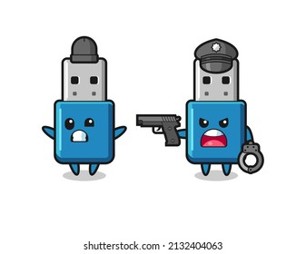 ilustración de flash drive usb robber con las manos arriba pose pillada por la policía, diseño de estilo lindo para camiseta, pegatina, elemento logo