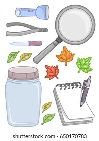 Illustration of a Flash Light, Tongs, Dropper, Leaves, Magnifying Glass, Jar, Notepad and Pen for a Science Experiment