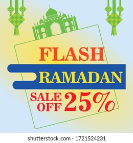 illustration flash sale off ramadan with mosque and icon ramadan "ketupat"