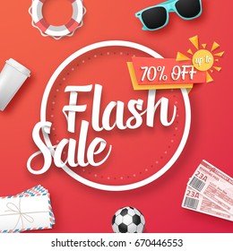 Illustration of Flash Sale Vector Poster. Bright Sale Flyer Template with Travel Icons