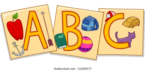 Illustration of Flashcards Featuring the Letters A, B, and C Accompanied by Images That Represent Them