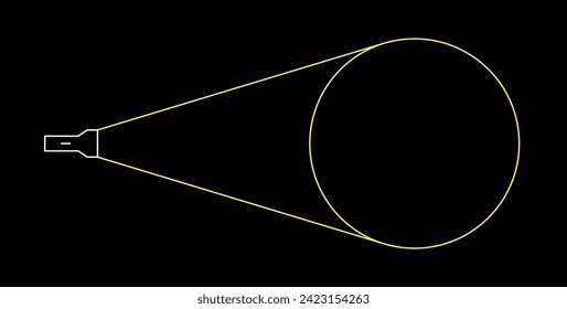 Ilustración de una linterna brillando en una pared. Fuente de luz móvil o artificial. Un rayo de luz para iluminar un espacio en la oscuridad.