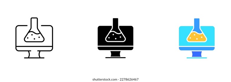 An illustration of a flask or beaker with liquid on a background of a computer monitor. Vector set of icons in line, black and colorful styles isolated.