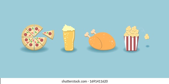 illustration flat art design of snack; roasted chicken, pizza, a glass of beer, popcorn, conceptual of togetherness and sharing,friendship, dinner, party, family, happiness time, weekend.