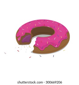 Illustration flat bitten donut with sprinkles and nougat