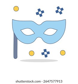 Illustration of a flat blue carnival mask icon with star elements and holding stick. Ideal for festive or performance-related content.