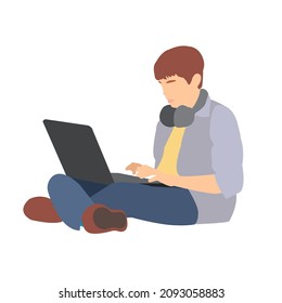 ilustración estudiante de chico plano trabajando con computadora