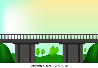 illustration of a flat bridge on two wide supports, under the bridge a green hollow, hills and trees, against a blue sky with sunbeams