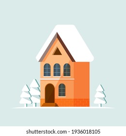 Illustration of flat brown house with trees and snow