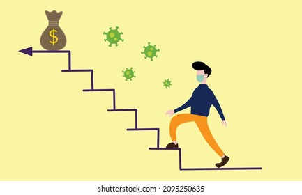 illustration of flat businessman character climb a stairs, showing make money activity on new normal.