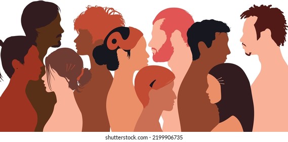 An illustration of flat cartoon men and women of different cultures and countries. Harmony between cultures and integration of multicultural communities. Multiethnic diversity.