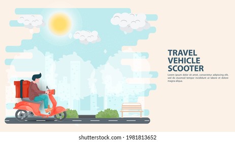 Illustration in a flat cartoon style for design decoration, A man riding a scooter and carrying a box, against the background of trees and a city