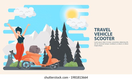 Ilustración en un estilo de dibujos animados planos para el diseño, Una mujer se paró cerca de una moto contra el fondo de montañas y bosques