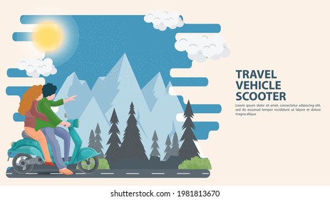 Illustration in a flat cartoon style for the design design, a guy shows a girl a view of the mountains both sitting and traveling on a scooter
