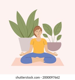 Illustration in flat cartoon style. Woman meditating in nature and leaves. Concept illustration for yoga, meditation, relax, recreation, healthy lifestyle. 